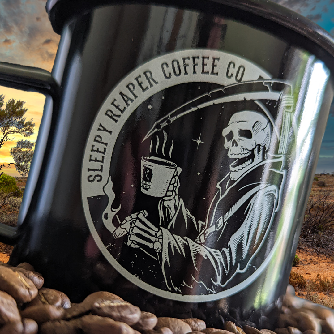 Sleepy Reaper Coffee Co tin mug.